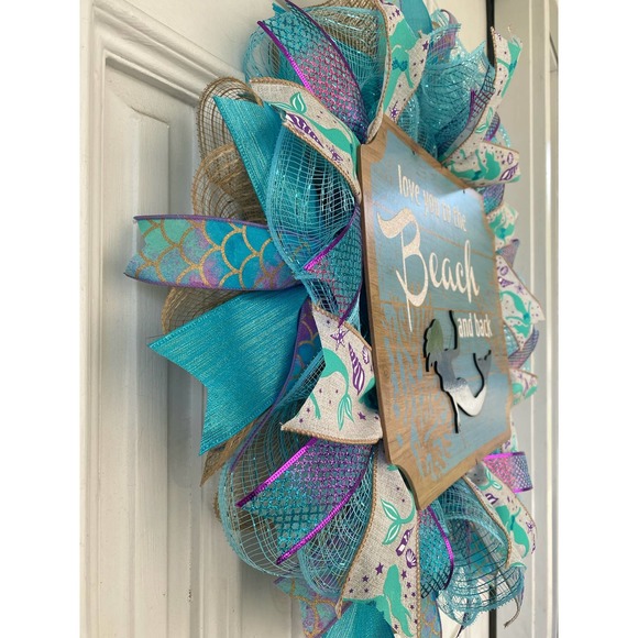 Mermaid Wreath, Welcome to the Beach Mesh Ribbon Wreath Door Hanger Home Decor - Picture 5 of 8
